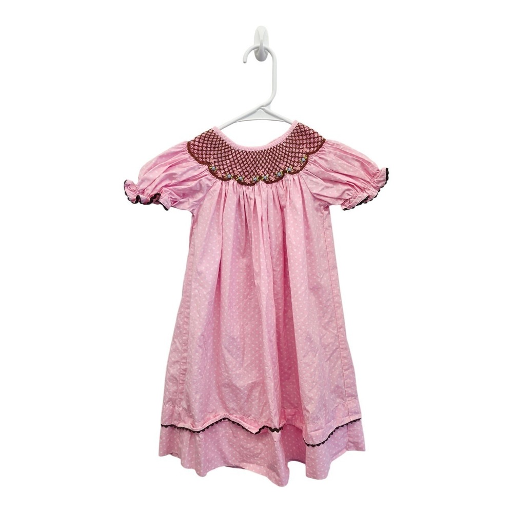Candyland Girls Pink Polka Dot Hand Smocked Floral Dress 3T